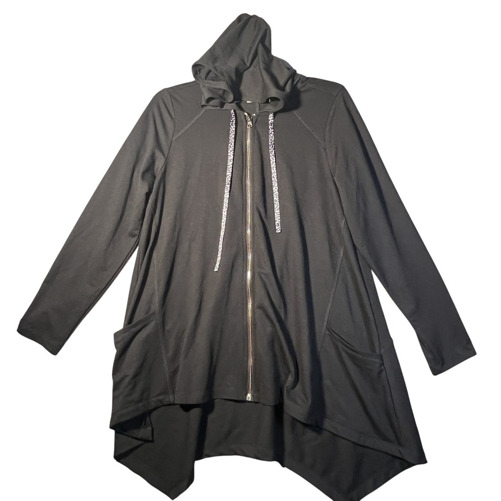 Logo Lounge Women's Black Full Zip Hooded Sweatshirt Tunic Top High Low Hem Size